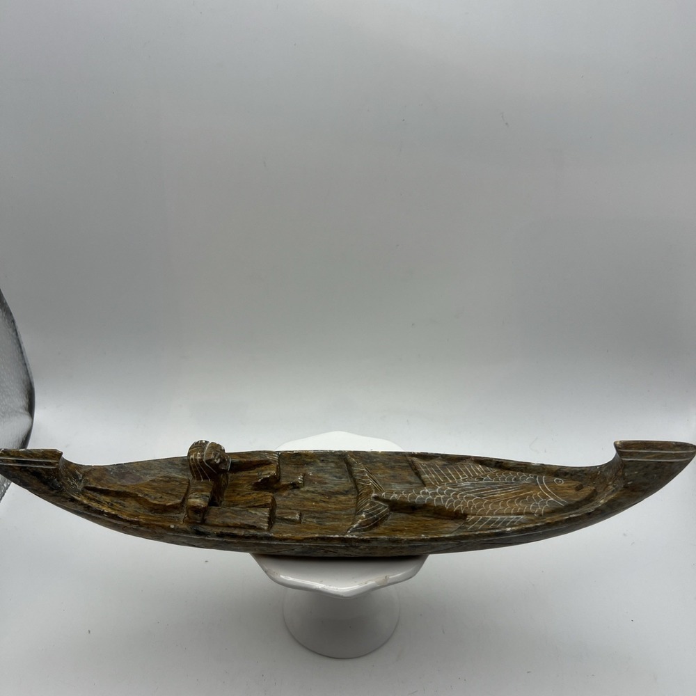 Vintage Inuit Style Carved Soapstone Hunter Kayak Canoe Fish Sculpture 11 Inch